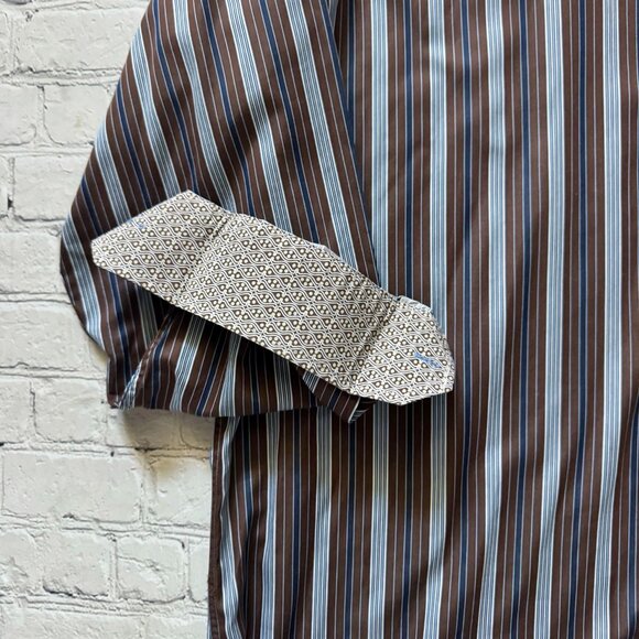 Mens Bugatchi Uomo Vertical Striped Brown Blue Button Up Dress Shirt XXL - Picture 3 of 5